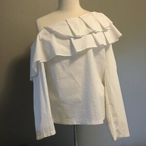 Clean White Cotton Blend Pleated Bib Collar One Shoulder Blouse